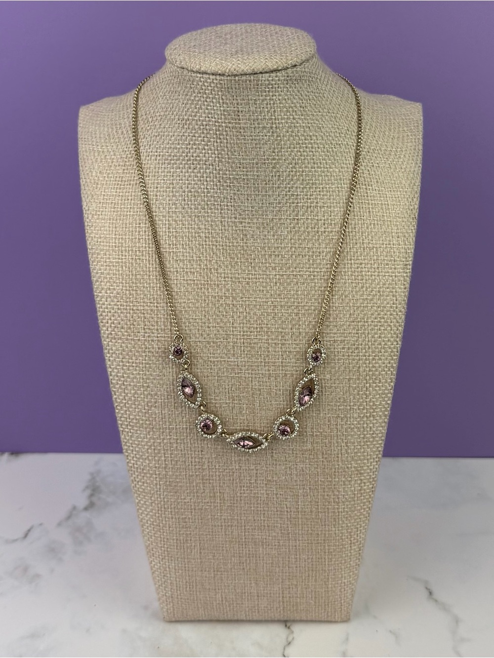 Vintage Givenchy Gold-Tone Lavender Crystal Marquise Halo Necklace